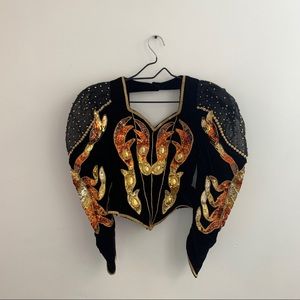 Vtg Puff Sleeve Velvet Beaded Top